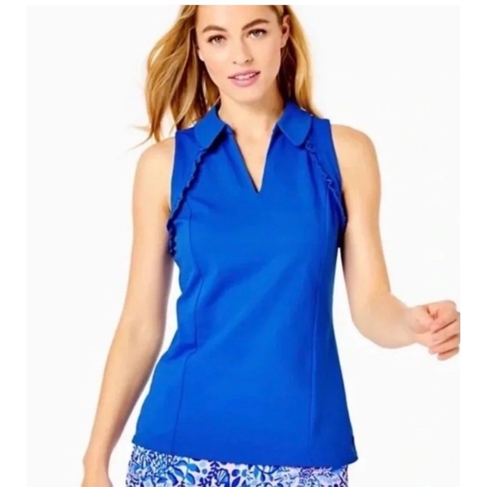 Lilly Pulitzer Martina Polo Women L Blue NEW Luxletic Sleeveless Ruffle UPF 50+